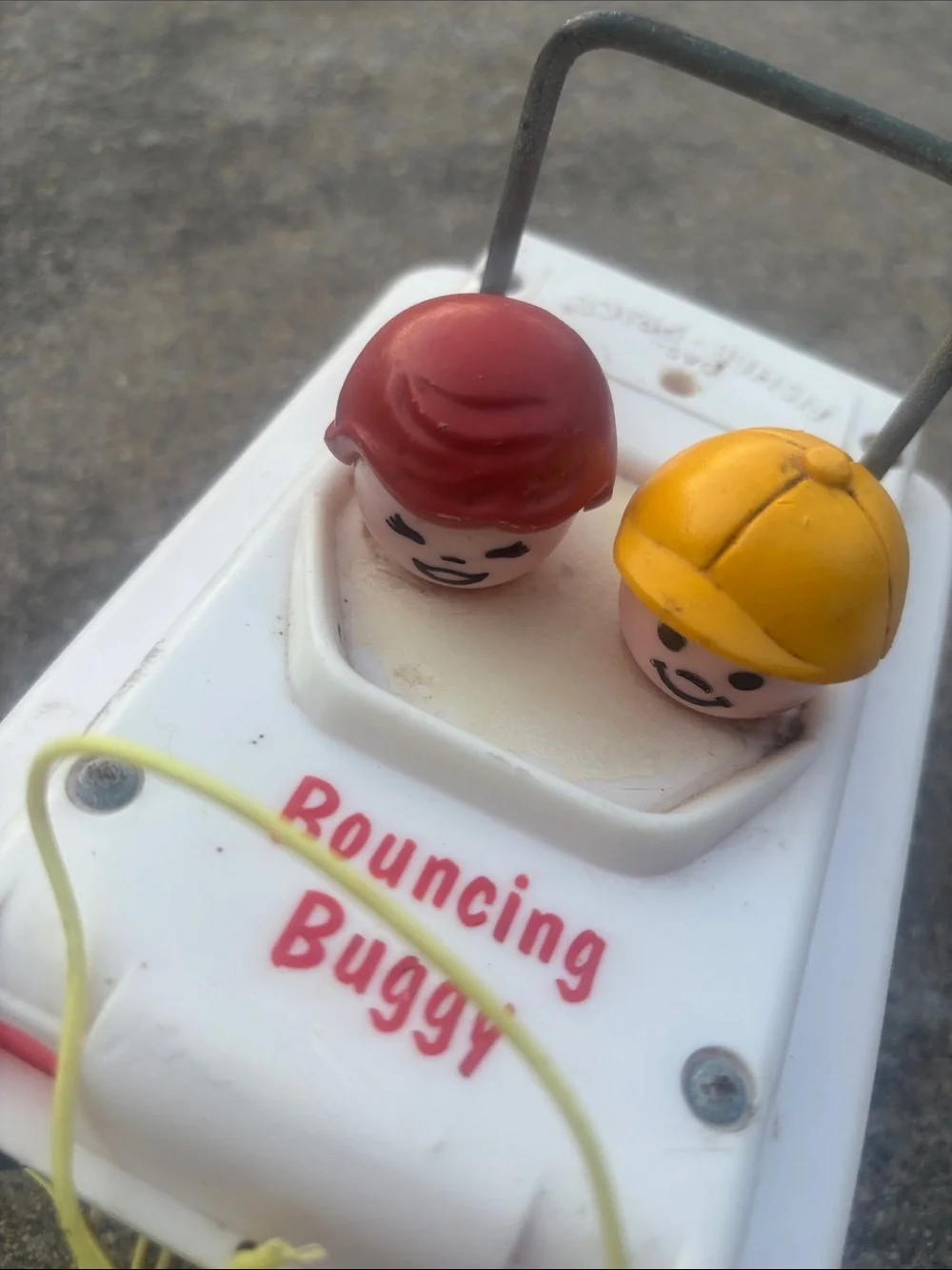 Vintage 1973 Fisher PriceBouncing Buggy Pull Toy - White with Blue & Red Accents